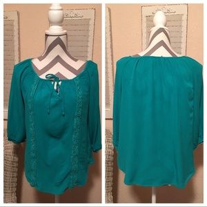 Turquoise Chiffon Boho 3/4 Sleeve Top